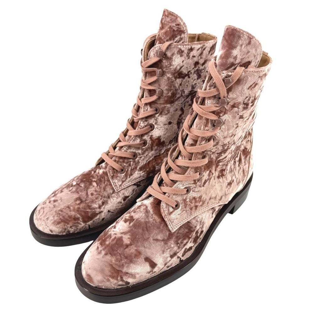 Stuart Weitzman Mauve Pink Crushed Velvet Lace Up Combat Boots Size 5.5B NEW
